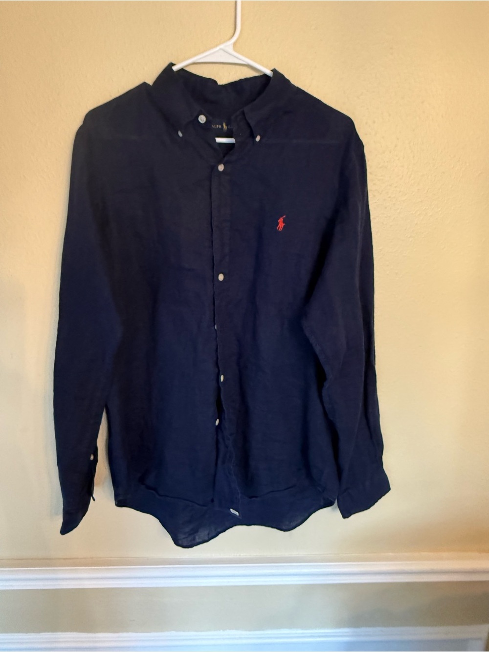 Ralph Lauren Linen Navy Button-Down Shirt with Red Pony